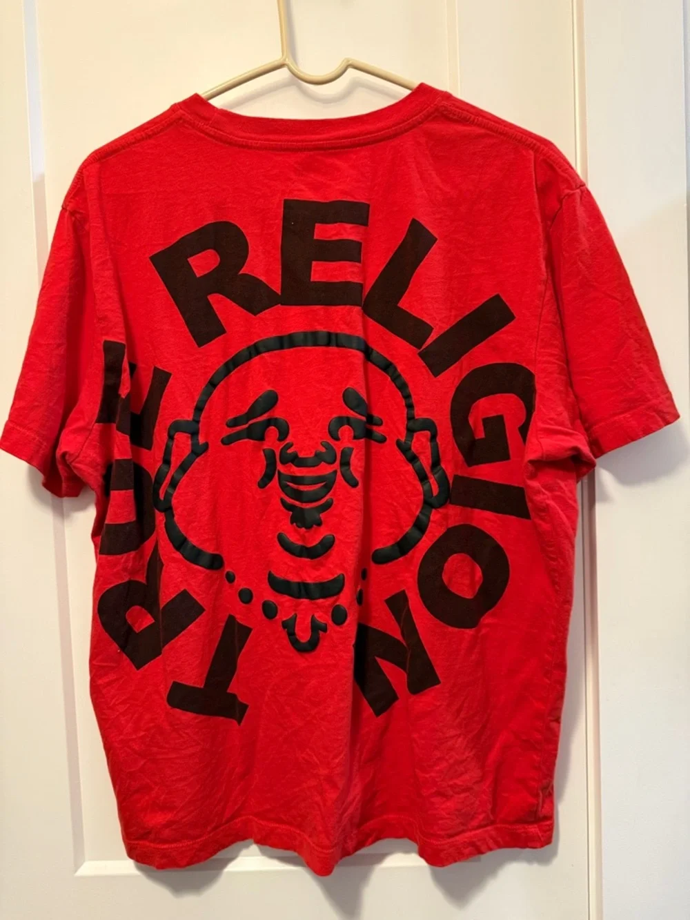 True Religion Mens Puff Buddha Red Crew Neck Tee Size L